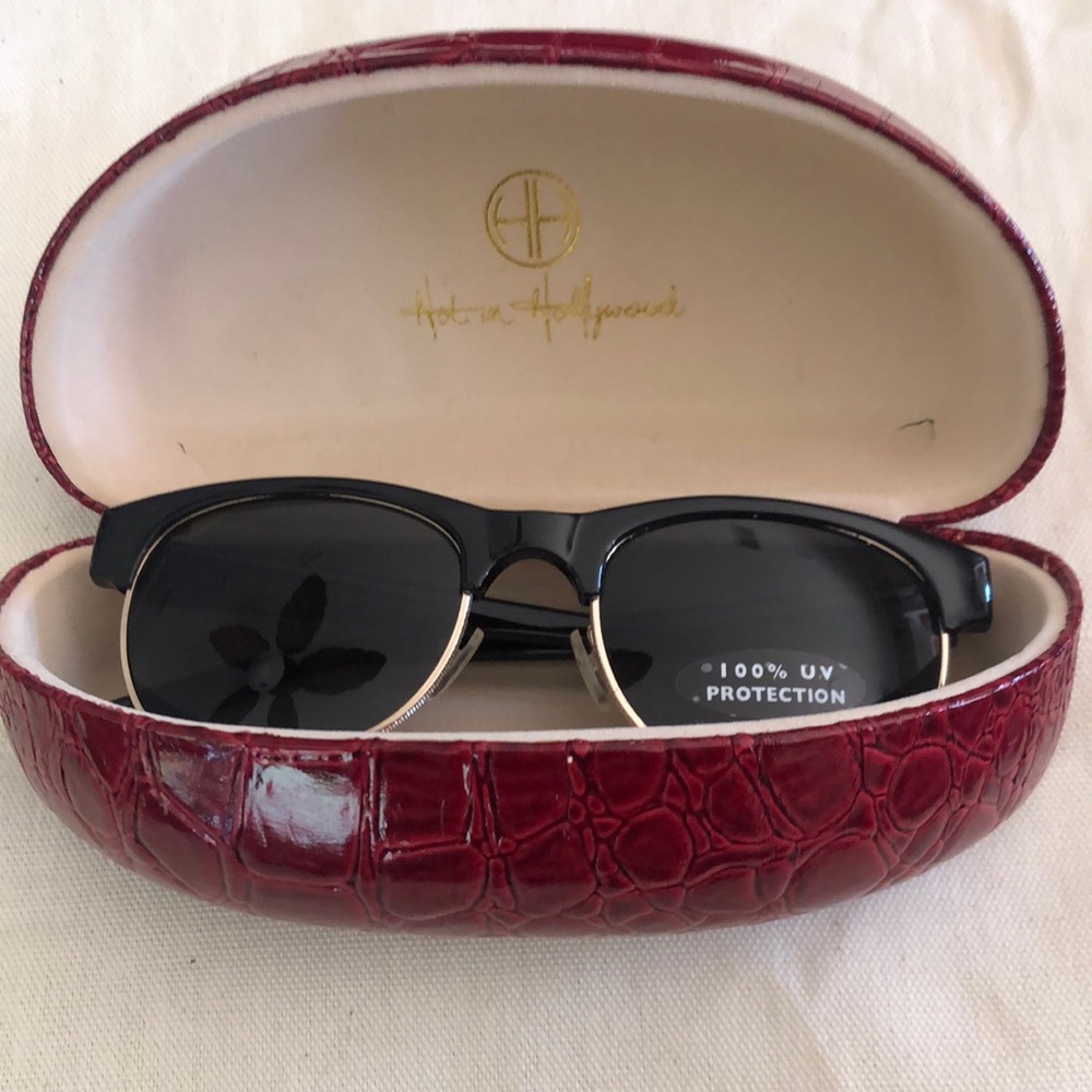 Hot in Hollywood black sunglasses with red faux croc case.